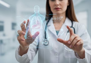 AI in healthcare enabling doctors to review patient data and diagnostics on advanced digital screens.