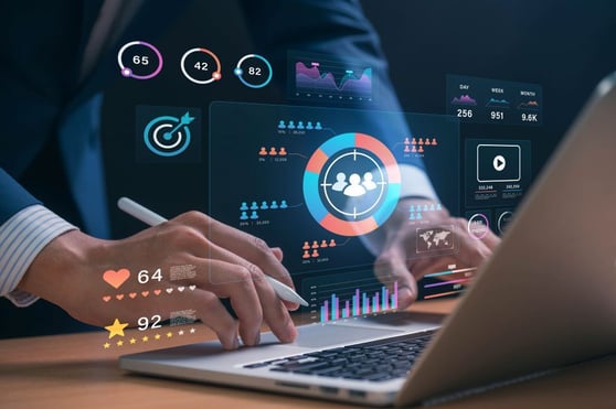 Business professional using data analytics to optimize a website for conversion and boost user engagement.