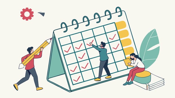 Cartoon of people planning on a calendar, representing the scheduling phase of how to create unique content