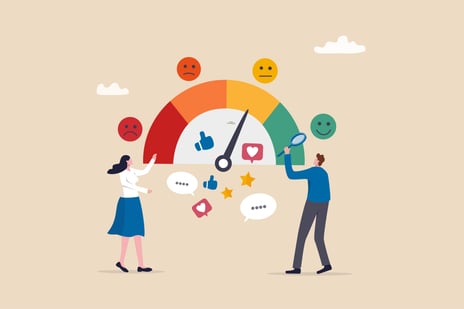 Illustration of sentiment gauge and customer feedback, showing how to manage reviews and track satisfaction levels.
