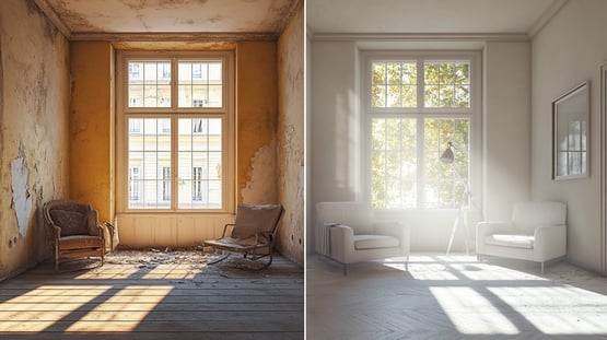 Before and after image of a renovated room, showing visual storytelling that supports how to create unique content.