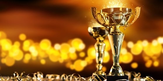 Photo of two awards on a table, with one in the forefront.