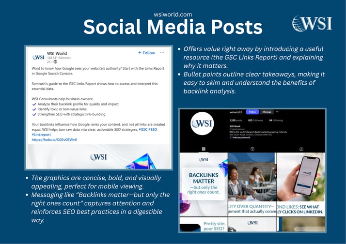 Social media examples that show how to create unique content with value-driven posts and digestible SEO tips.