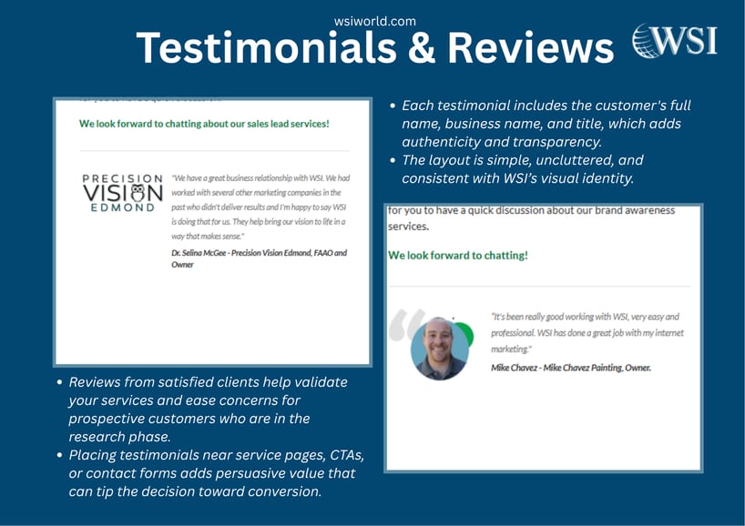 Client testimonials are used to support how to create unique content by showcasing real business feedback and trust-building.