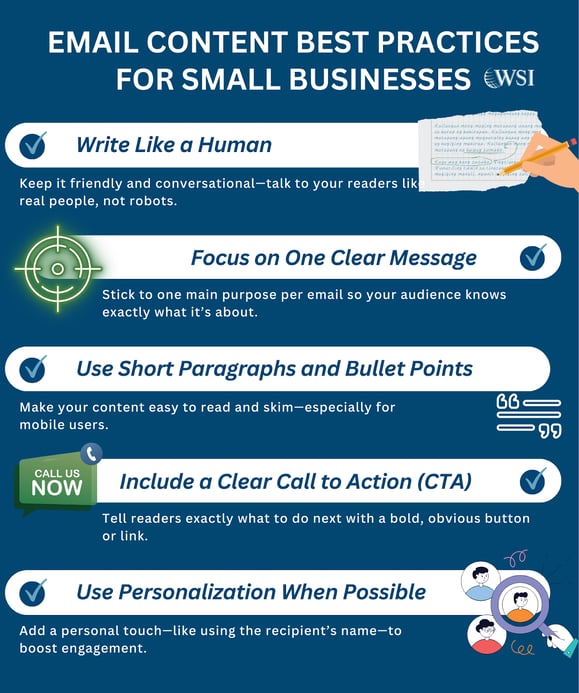 Infographic outlining content tips for email marketing for businesses, like personalization and clear messaging.