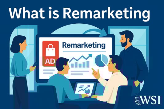 Graphic showing a team reviewing remarketing strategies with a screen displaying charts, ad data, and targeting elements.