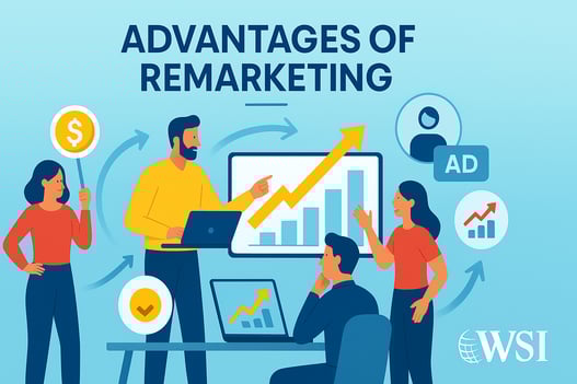 Illustration showing a team discussing remarketing benefits with charts, ad icons, and dollar signs to show growth and ROI. 