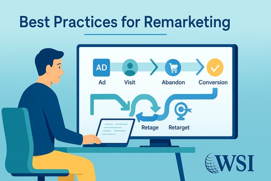 Visual showing a person reviewing remarketing best practices on a screen with a flowchart from ad to conversion.
