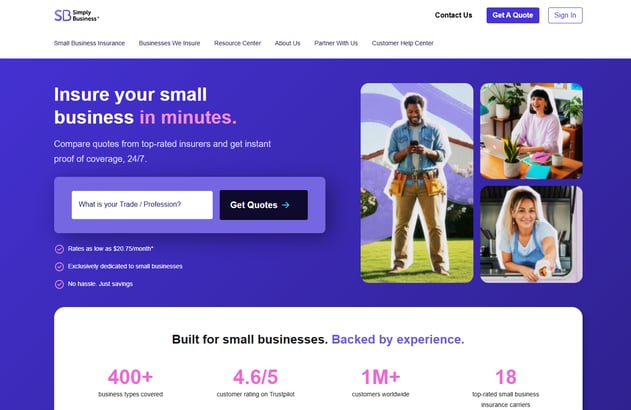 Simply Business homepage uses quotes and trust signals to optimize your website for conversion and credibility.