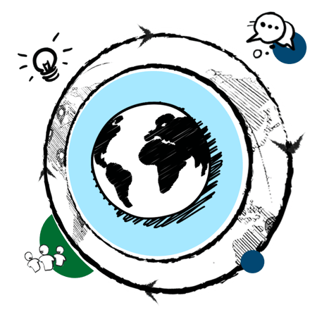 Illustration representing global digital marketing with a globe, communication icons, and collaboration symbols. 